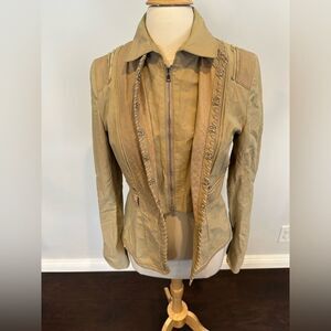 Elie Tahari Lamb Leather Silk Women’s Khaki Biker Jacket Size Medium